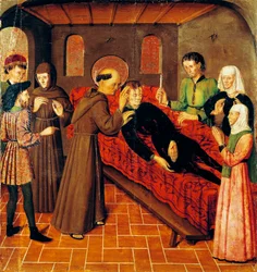 Zmartwychwstanie człowieka zmarłego z powodu odniesionych ran, fragment lewej tablicy bocznej Ołtarza św. Bernanda autorstwa Rafaela Tomasa (czynny 1455-1479), predella Joana Figuera (czynny od 1454 – zm. 1477 lub 1479), tempera na desce, 398, 9x253 cm