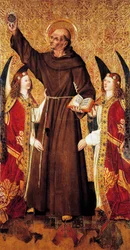Bernard i anioły, centralny panel Ołtarza św. Bernarda Rafaela Tomasa (czynny 1455-1479), predella Joan Figuera (czynny od 1454-zm. 1477 lub 1479), tempera na desce, 398, 9x253 cm
