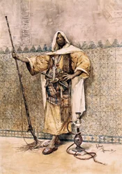 Orientalizm: „„ Portret mężczyzny arabskiego, broń żołnierza, nosi noże za pasem „” Akwarela Rafaela Senet y Perez (1856-1926) 1881 Sewilla. Muzeum Sztuk Pięknych.