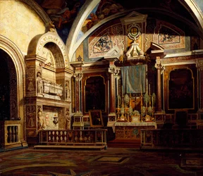 Wnętrze San Domenico Maggiore, autor: Raffaele Armando Califano Mundo (1857-1930), olej na płótnie, 50x70 cm.
