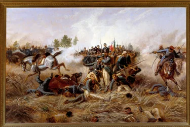 Risorgimento, wojna austriacko-pruska (trzecia włoska wojna o niepodległość): widok na bitwę pod Custozą (Custozza) 24/06/1866 - (trzecia włoska wojna o niepodległość, bitwa pod Custozą 24 czerwca 1866) Obraz Raffaele Pontremoli (1832) -1905) 1897 Wym. 136