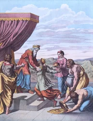 Król Salomon przyjmuje królową Saby, ilustracja z książki 