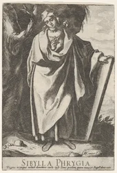 Tabliczka 9: Sybilla Frygijska trzymająca lewą ręką górną część tablicy i wskazującą w..., 1609.