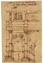 Częściowa elewacja Łuku Konstantyna w Rzymie (pióro i brązowy tusz, na kalce olejnej)