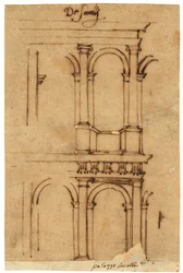 Szkic Teatru Marcellusa w Rzymie (pióro i brązowy tusz, na kalce olejnej)