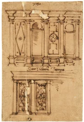 Projekt dekoracji ściennej (pióro i brązowy tusz, na olejowanej kalce)