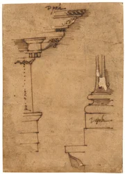 Projekt belkowania i podstawy cokołu (pióro i brązowy tusz, na kalce olejnej)