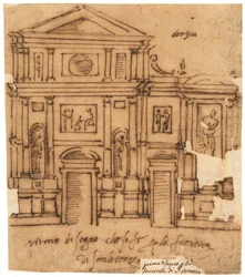 Projekt fasady San Lorenzo, Florencja (pióro i brązowy tusz, na kalce olejnej)