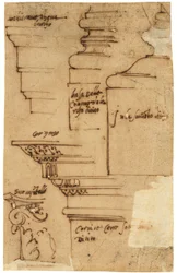 Szkice różnych elementów Łuku Tytusa, Rzym (pióro i brązowy tusz, na kalce olejnej)