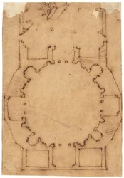 Plan kościoła (pióro i brązowy tusz, na kalce olejnej)
