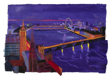 Westminster nocą, 2022 (akryl i kolaż na papierze)