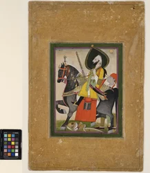 Bakhtawar Singh pokonuje lwa, ok. 1800 (nieprzezroczysta akwarela i złoto na papierze)