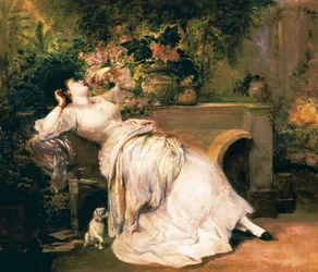 Kobieta w ogrodzie. Obraz Ramóna Martí i Alsiny (1826-1894), druga połowa XIX wieku.