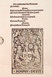 Strona kodeksu „De Laudibus Beatissimae Virginis Mariae” Ramona Llulla (1235-1315), przedstawiająca dwa lwy trzymające herb drukarza Jehana Petita