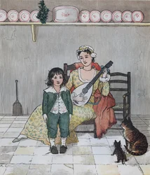 Elegia na śmierć wściekłego psa” Olivera Goldsmitha. Mistrz Bill Primrose przygotowuje się do zaśpiewania historii. Ilustracja autorstwa Randolpha Caldecotta