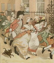 Elegia na śmierć wściekłego psa” Olivera Goldsmitha. Sąsiedzi spieszą na pomoc dobremu człowiekowi z Islington. Ilustracja autorstwa Randolpha Caldecotta
