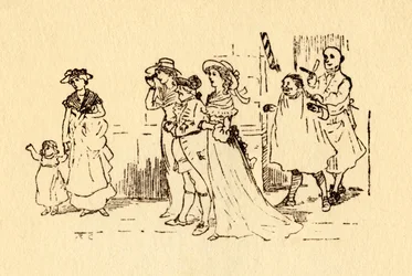 Przechodnie patrzą, jak John Gilpin przejeżdża obok, 1878, c1918.