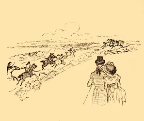 Przechodnie patrzą, jak John Gilpin jest ścigany przez wieś, 1878, c1918.