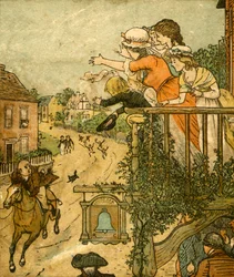 John Gilpin galopuje obok Bell Inn, gdy jego żona i dzieci machają z balkonu, 1878, c1918.
