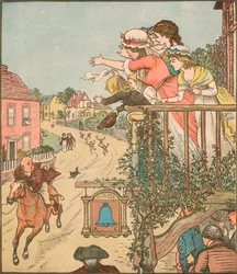 John Gilpin galopuje obok Bell Inn, gdy jego żona i dzieci machają z balkonu, 1878, c1918.