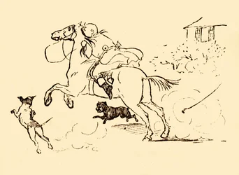 John Gilpin jest ścigany przez psy, gdy jego koń wymyka się spod kontroli, 1878, c1918.