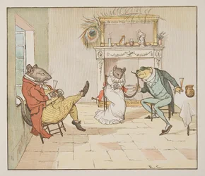 „Módl się, panie żabo, czy dasz nam piosenkę?”, z książki z obrazkami Hey Diddle Diddle, wyd. 1882 (kolor grawerowany)