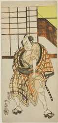 Aktor Nakamura Sukegoro II jako Sasano Sangobei w części drugiej sztuki Iro Moyo Aoyagi Soga (Zielona Wierzba Soga Erotycznego Projektu), wystawiona w Teatrze Nakamura w drugim miesiącu, 1775