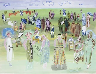 Manekiny Poireta na wyścigach, z niebieskimi parasolami; Les Mannequins de Poiret aux Courses, a l