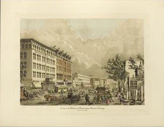 Corner of State and Washington Streets, Chicago, rok 1865