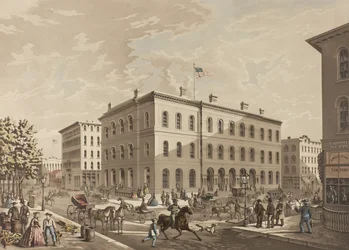 PÓŁNOCNY ZACHÓD. Róg ulic Dearborn i Monroe w Chicago, ukazujący budynek poczty w roku 1865