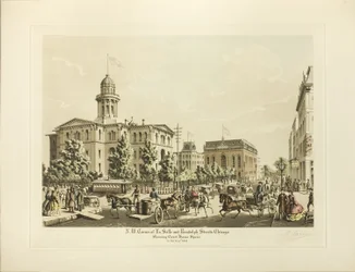 NW Corner of LaSalle i Randolph, Chicago, pokazuje plac Court House Square w roku 1864