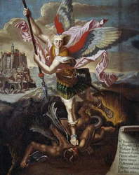 St Michael and the Devil - Raphael Sanzio, były wotum sześciu pielgrzymów pielgrzymujących na Mont Saint-Michel