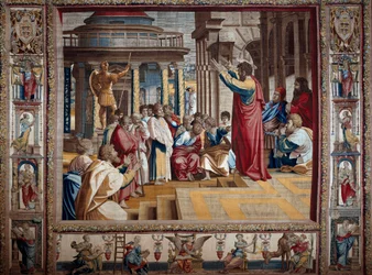 Apostoł św. Paweł wygłasza kazanie na aeropage Ateńskiego Gobelinu po namalowaniu na tekturze Raffaello Sanzio dit Raphaela (1483-1520), początek XVI w. Niedz. 4,95x6,45 m Mantua, pałac książęcy (Mantua)