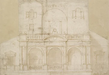 Projekt architektoniczny (Villa Madama) (pióro i brązowy tusz z brązowym rozmyciem na papierze w kolorze złamanej bieli)