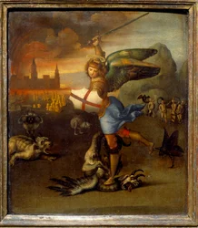 Św. Michał i smok ok. 1505 Rafael (1483-1520/włoski) Olej na desce z drewna – „” Smok terrassant Saint Michel””” Obraz Raffaello Sanzio (Raphael) (1483-1520) 1505 Ndz. 0,29x0,25 m²
