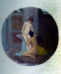 Toaleta damska w starożytności greckiej. Ilustracja zaczerpnięta z „Afrodyty” Pierre Louys, Raphael Colin