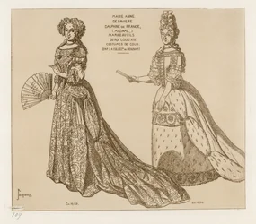 Stroje dworskie. Marie Anne de Baviere, Dauphine z Francji, poślubiła syna króla Ludwika XIV. Po grafice w kolekcji Bonnart.