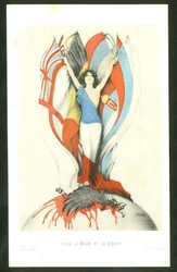 Pocztówka, Kolor satyryczny: O prawo i wolność - Wojna 14-18, Sojusznicy, Flagi - Ilustracja Orzeł autorstwa Kirchnera (1876-1917)