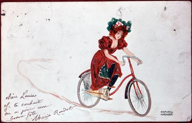 Pocztówka przedstawiająca kobietę na rowerze - ilustracja R. Kirchner, v.1900