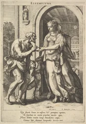 Jałmużna: kobieta w perłowym nakryciu głowy i aureoli podaje chleb dwóm żebrakom, jednemu…, 1589.