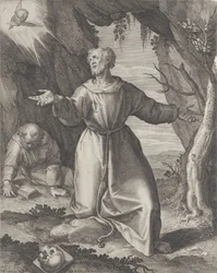 Św. Franciszek klęczący z rozpostartymi ramionami, patrzący w stronę cherubinka w lewym górnym rogu..., 1599.