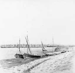 Łodzie w porcie w Bordeaux, ok. 1900 (ołówek i węgiel na papierze)