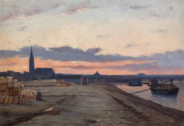 Nabrzeża Bordeaux o zachodzie słońca (olej na drewnie)
