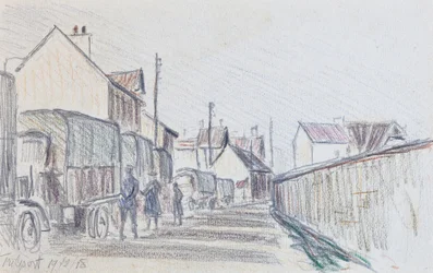 Konwój pojazdów wojskowych w Trilport, ok. 1914-18 (ołówek na papierze)