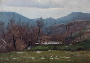 Krajobraz ze stawem, marzec 1905 (olej na drewnie)