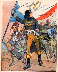 Pierwsza kampania włoska: Napoleon Bonaparte (1769-1821) w bitwie przy moście Arcole, listopad 1796 r." zaczerpnięte z "Nos-Gloires-Nationales" ok. 1920 r. (rycina).