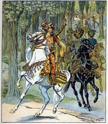 Złodzieje na koniach: ilustracja do baśni "Aladyn albo cudowna lampa" z "Arabskich nocy