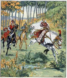 Parizade wyprzedza swoich braci Bahmana i Pervisa w wyścigu konnym. Ilustracja Raymonda de La Neziere (1865-1953) do opowiadania "Histoire des deux sœurs jealous de leur cadette" w "Les mille et une nuits" (les 1001 nuits ou Le mille e una notte, A