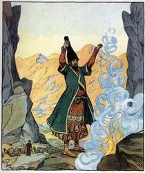 Mnich derwisz rozpala ogień i zrasza go: ilustracja do baśni "Aladyn albo cudowna lampa" w "Arabskich nocach".