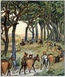 Cała karawana udała się w drogę do miasta: ilustracja do baśni "Aladyn albo cudowna lampa" w "Arabskich nocach".